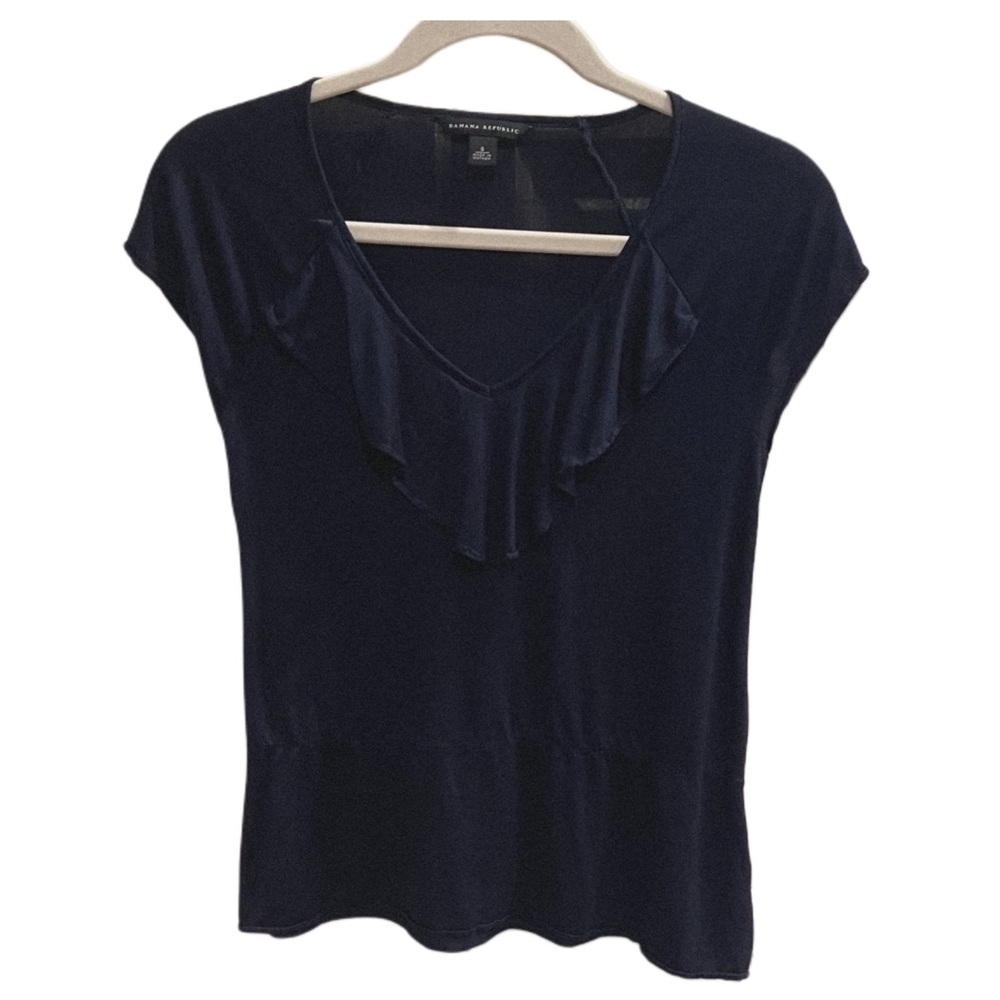 Banana Republic Navy Blue Ruffled Thin Short Sleeve Blouse Size S - Picture 2 of 5